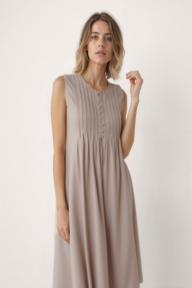 Önü Düğmeli Krinkıl Kumaş Sıfır Kol Elbise - 24