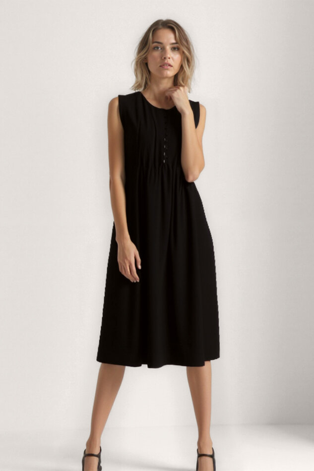 Önü Düğmeli Krinkıl Kumaş Sıfır Kol Elbise - 26