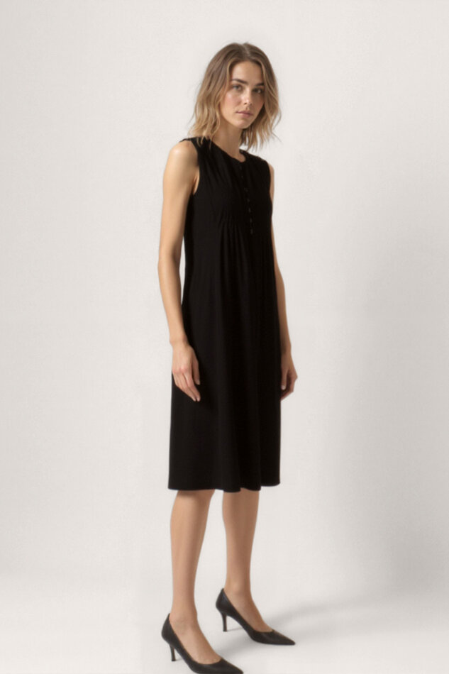 Önü Düğmeli Krinkıl Kumaş Sıfır Kol Elbise - 27