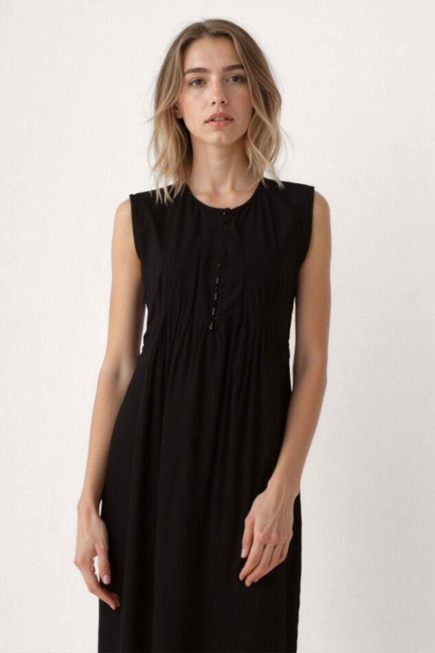 Önü Düğmeli Krinkıl Kumaş Sıfır Kol Elbise - 29