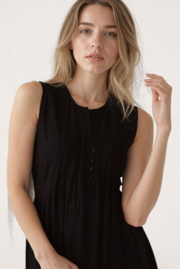 Önü Düğmeli Krinkıl Kumaş Sıfır Kol Elbise - 30