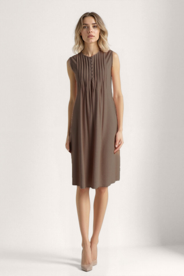 Önü Düğmeli Krinkıl Kumaş Sıfır Kol Elbise - 31