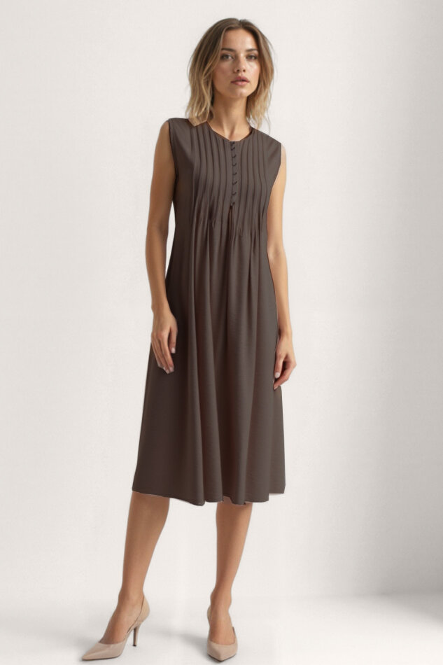 Önü Düğmeli Krinkıl Kumaş Sıfır Kol Elbise - 32