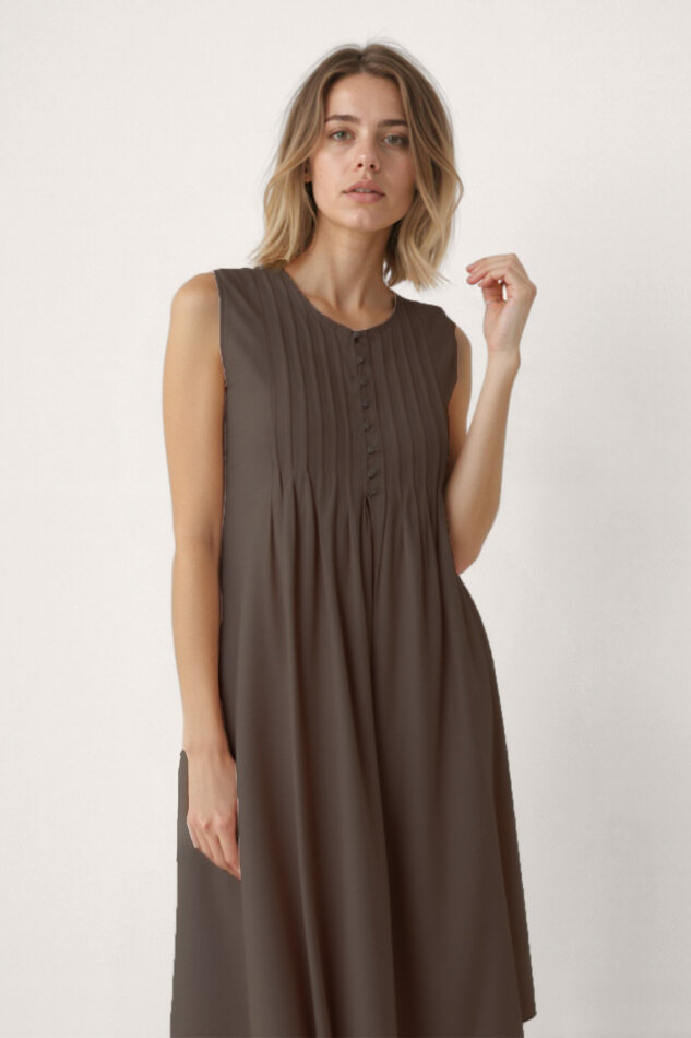 Önü Düğmeli Krinkıl Kumaş Sıfır Kol Elbise - 34