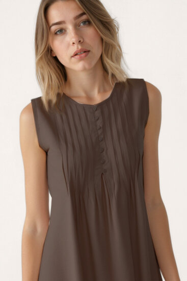 Önü Düğmeli Krinkıl Kumaş Sıfır Kol Elbise - 35