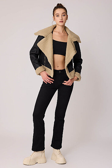 Önü Düğmeli Kürklü Crop Biker Ceket - 2