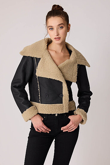 Önü Düğmeli Kürklü Crop Biker Ceket - 1