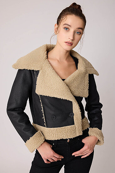 Önü Düğmeli Kürklü Crop Biker Ceket - 4