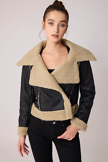 Önü Düğmeli Kürklü Crop Biker Ceket - 3