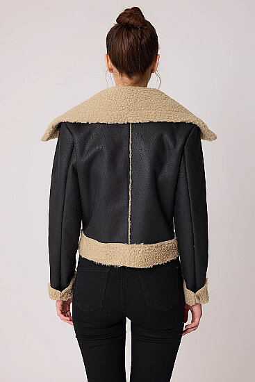 Önü Düğmeli Kürklü Crop Biker Ceket - 5
