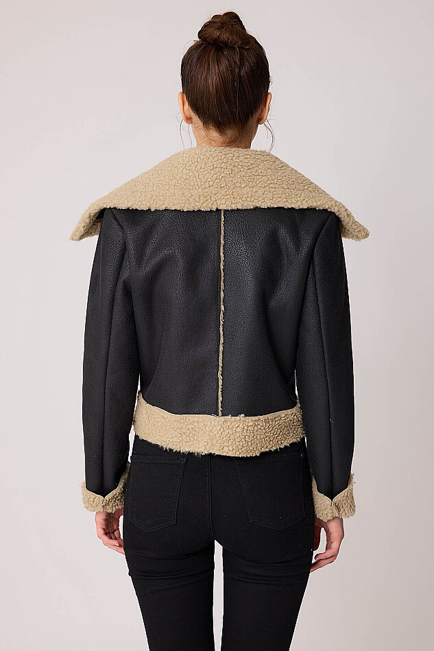 Önü Düğmeli Kürklü Crop Biker Ceket - 5