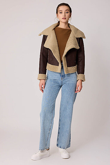 Önü Düğmeli Kürklü Crop Biker Ceket - 7