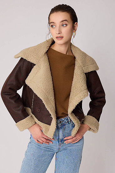 Önü Düğmeli Kürklü Crop Biker Ceket - 6