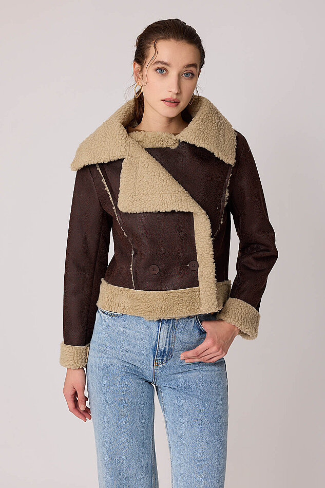 Önü Düğmeli Kürklü Crop Biker Ceket - 8