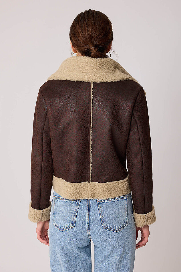 Önü Düğmeli Kürklü Crop Biker Ceket - 10