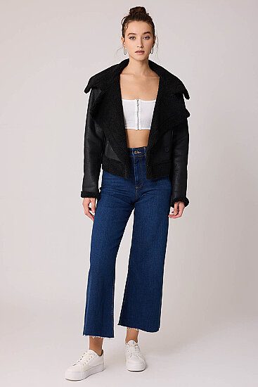Önü Düğmeli Kürklü Crop Biker Ceket - 12