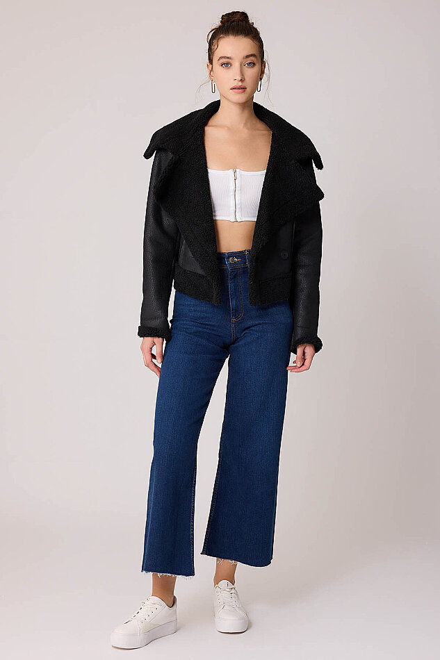 Önü Düğmeli Kürklü Crop Biker Ceket - 12