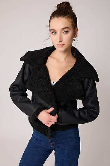 Önü Düğmeli Kürklü Crop Biker Ceket - 13