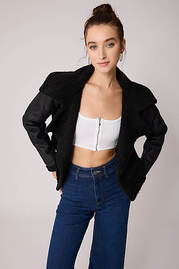 Önü Düğmeli Kürklü Crop Biker Ceket - 14