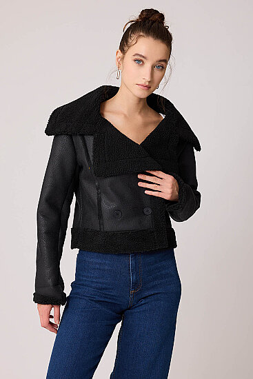 Önü Düğmeli Kürklü Crop Biker Ceket - 11