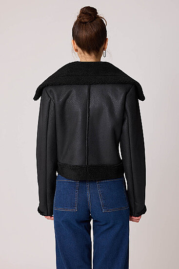 Önü Düğmeli Kürklü Crop Biker Ceket - 15