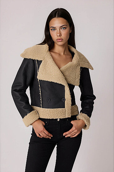 Önü Düğmeli Kürklü Crop Biker Ceket - 1