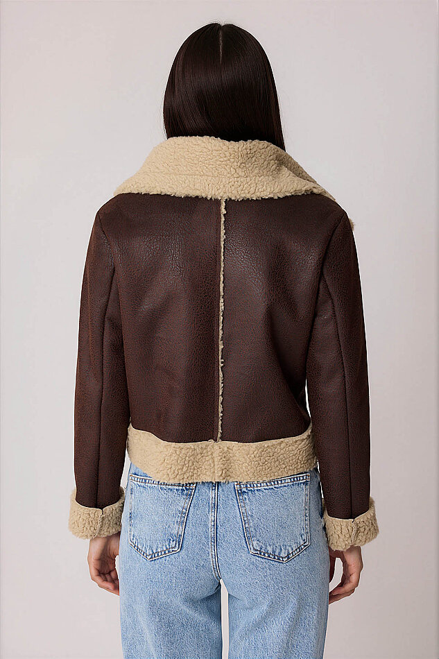 Önü Düğmeli Kürklü Crop Biker Ceket - 6