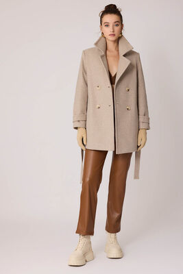 Önü Düğmeli Kuşaklı Kısa Kaşe Kaban - Thumbnail (3)