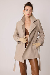 Önü Düğmeli Kuşaklı Kısa Kaşe Kaban - 6