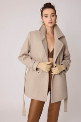 Önü Düğmeli Kuşaklı Kısa Kaşe Kaban - 7