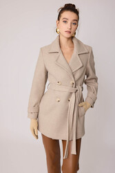 Önü Düğmeli Kuşaklı Kısa Kaşe Kaban - 5