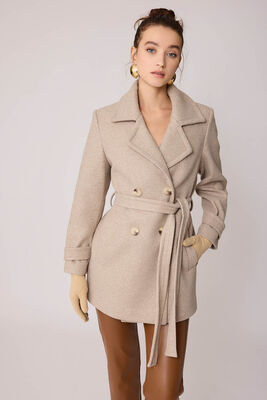 Önü Düğmeli Kuşaklı Kısa Kaşe Kaban - Thumbnail (4)