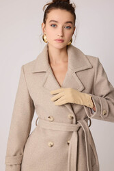 Önü Düğmeli Kuşaklı Kısa Kaşe Kaban - 9