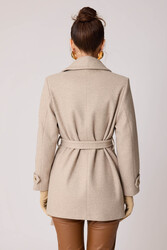 Önü Düğmeli Kuşaklı Kısa Kaşe Kaban - 8