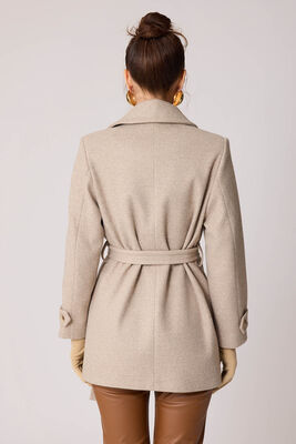 Önü Düğmeli Kuşaklı Kısa Kaşe Kaban - Thumbnail (7)