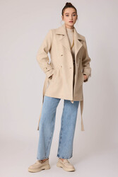 Önü Düğmeli Kuşaklı Kısa Kaşe Kaban - 17