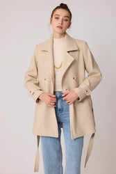 Önü Düğmeli Kuşaklı Kısa Kaşe Kaban - 18