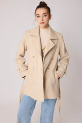 Önü Düğmeli Kuşaklı Kısa Kaşe Kaban - 19