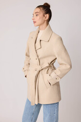 Önü Düğmeli Kuşaklı Kısa Kaşe Kaban - 20