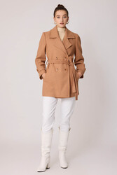 Önü Düğmeli Kuşaklı Kısa Kaşe Kaban - 24