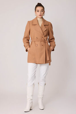 Önü Düğmeli Kuşaklı Kısa Kaşe Kaban - Thumbnail (23)