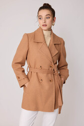 Önü Düğmeli Kuşaklı Kısa Kaşe Kaban - 25