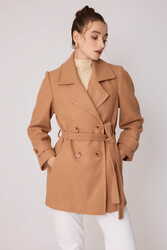 Önü Düğmeli Kuşaklı Kısa Kaşe Kaban - 26