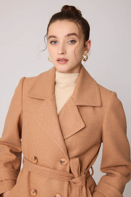 Önü Düğmeli Kuşaklı Kısa Kaşe Kaban - Thumbnail (28)