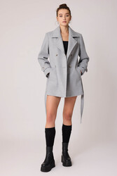 Önü Düğmeli Kuşaklı Kısa Kaşe Kaban - 32