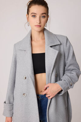 Önü Düğmeli Kuşaklı Kısa Kaşe Kaban - 34