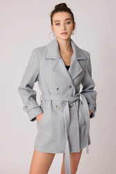 Önü Düğmeli Kuşaklı Kısa Kaşe Kaban - 31