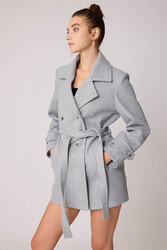 Önü Düğmeli Kuşaklı Kısa Kaşe Kaban - 36