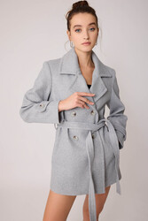 Önü Düğmeli Kuşaklı Kısa Kaşe Kaban - 33