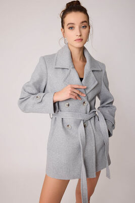 Önü Düğmeli Kuşaklı Kısa Kaşe Kaban - 33